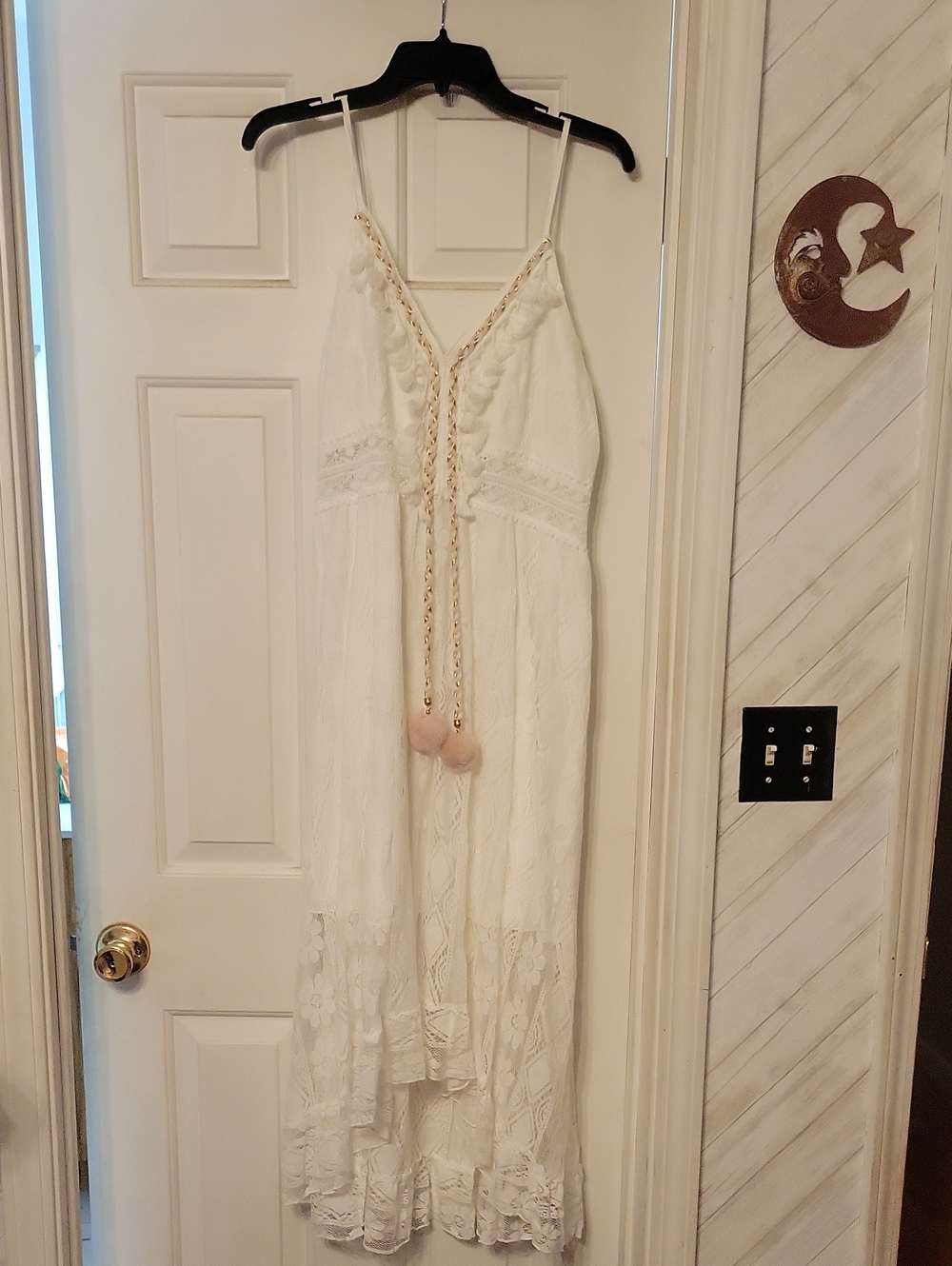 Cupshe White Lace-Trim Maxi Slip Dress with Pom Pom Ties